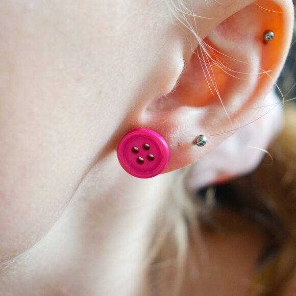 Handmade Pink Button Stud Earrings - Picture 4 of 6